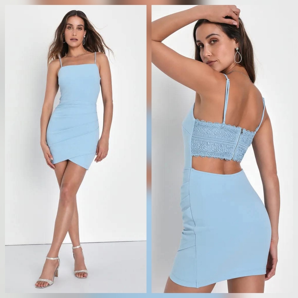 Lulu's Celebration Moments Light Blue Sleeveless Lace Mini Dress NWOT